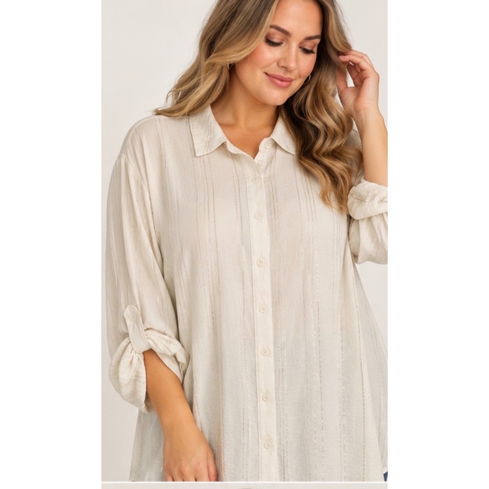 Como Blu Womens 3X White Metallic Silver Stripe Roll Tab Button Down Shirt Top
